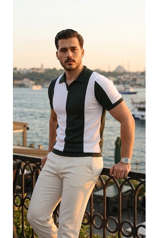 Suma Erkek Kısa Kollu Polo Yakalı Blok Desenli Triko Bluz Yeşil