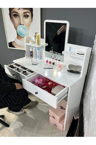 Makyaj Masası Aynalı Tuvalet Masası 2 Çekmeceli Takı Düzenleyici Ve Raflı Organizer 104 Cm Beyaz