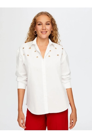 Faik Sönmez Taşlı Trok Aksesuarlı Poplin Kadın Gömlek W26gml008 Beyaz