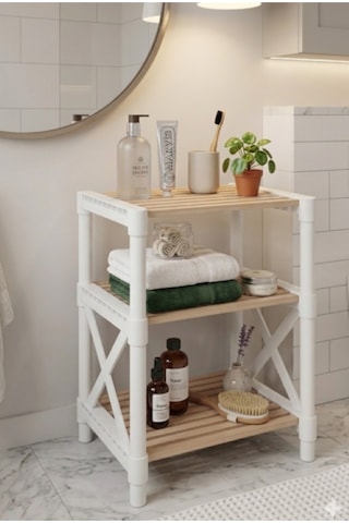 Zenna Ekolojik Ahşap Minimal Banyo Rafı Beyaz Beyaz