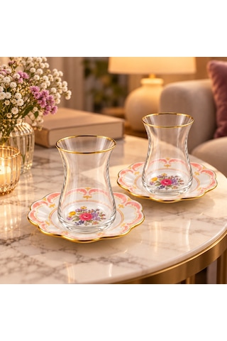 6 Kişilik Çiçek Desenli Gold Detaylı Cam Çay Takımı Şeffaf