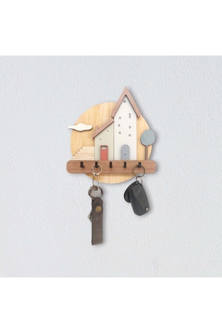 CajuArt Pastel Renkli Evler Ahşap Anahtarlık Hol Antre Askılık Duvar Dekor Kahverengi