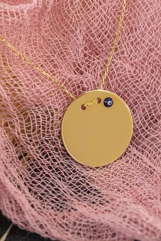 14 Ayar Altın Nazar Gözlü Plaka Altın Kolye 45 Cm Uzunluk 2,5 Cm Çapında Plaka