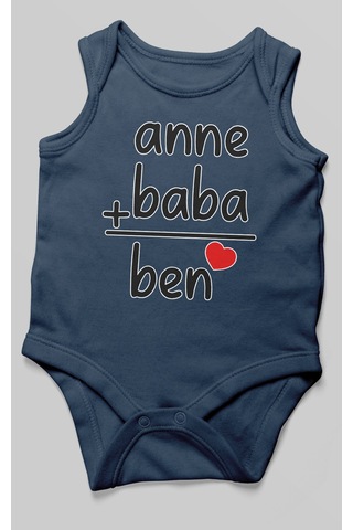 Anne Baba Ve Ben Baskılı Bebek Zıbını Çıtçıtlı Body %100 Pamuk Sıfır Kol Lacivert