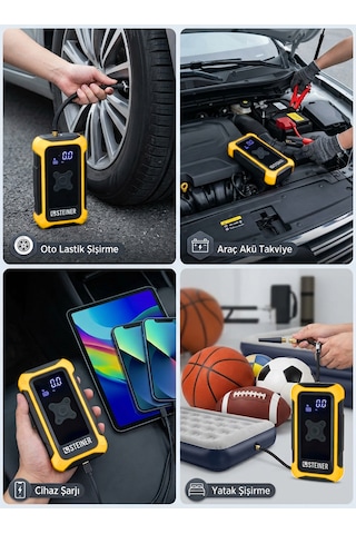 Steiner 16.000 Mah 4'ü 1 Arada 10 Bar Dijital Göstergeli Powerbank Led Fener Şarjlı Akü Takviye Cihazı Hava Kompresörü Sarı