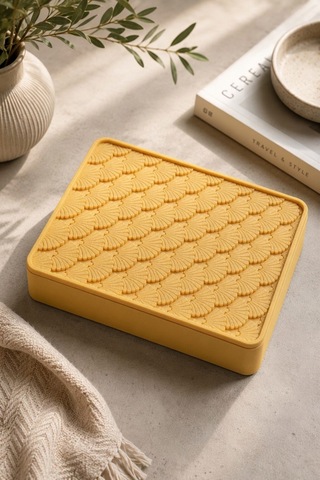 Desenli Kapaklı Dekoratif Kutu Masa Üstü Organizer Takı Aksesuar Saklama Kutusu Pla 20x12.5 Cm Sarı