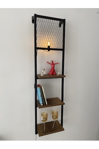 Kitaplıklı Aplik Duvar Rafı Ve Lambader Siyah