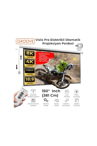 Groove Vizio Pro 150 Inch Blackout Işık Geçirmez Elektrikli Otomatik Kumandalı Projeksiyon Perdesi 332x188cm +motorlu+canlı Renkler+göz Koruması+leke Tutmaz Projector