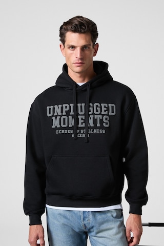 Grımelange Cassıan Erkek Önü Kabaran Baskılı Kapüşonlu Kordonlu Kanguru Cepli Siyah Sweatshirt Siyah