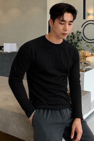 Tarz Cool Erkek Slim Fit Uzun Kollu Bisiklet Yaka Likralı Pamuk Tişört Siyah