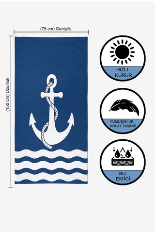 ANCHOR Dijital Baskılı 75x150 Cm Plaj Havlusu Lacivert