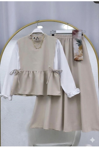 Lovie Moda Kadın Kolu Büzgülü Etekli Takım - Bej