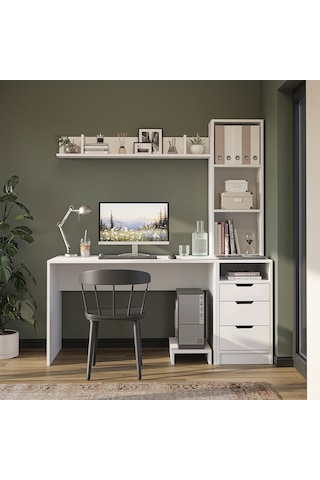 Mode Kitaplıklı Çalışma Masası , Bilgisayar Masası, Çekmeceli Çalışma Masası, Çalışma Ofis Masası Mat Beyaz
