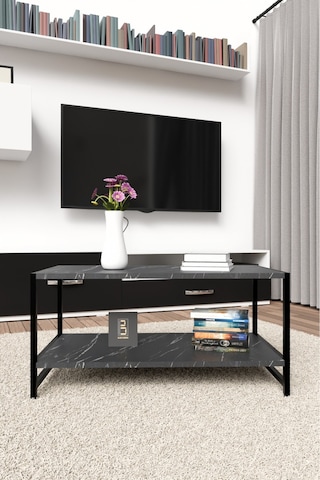 Modern & Şık Orta Sehpa Metal Çerçeve İle Dayanıklı Tasarım, Minimalist Ve Fonksiyonel, Salon ,ofis Siyah Mermer Desenli