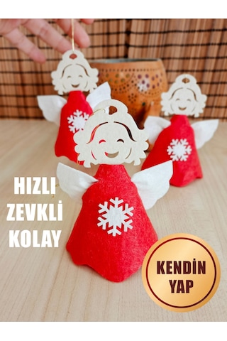 Kendin Yap Keçe Yılbaşı Süsü Kırmızı Melek Figürü, Kolay Montaj, 3 Lü Keçe Melek Seti
