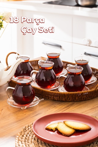 Keyf-i Ala 18 Parça Cam Tabaklı 200 Ml Borosilikat Çay Seti