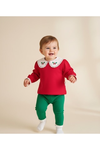 Dantel İşlemeli Bebek Yaka Kırmızı 3 İplik Şardonlu Badi Ve Fitilli Yeşil Eşofman Altı Kırmızı