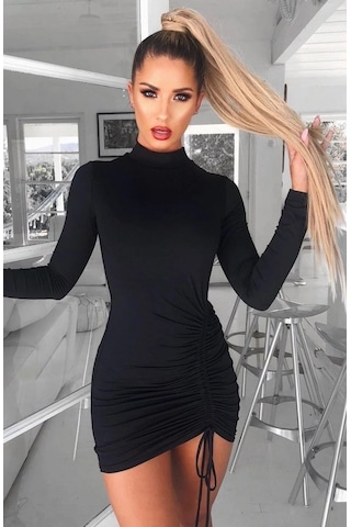 Asfstore Kadın Uzun Kol Sağ Belden Sol Etek Ucuna Doğru Hafif Çapraz Büzgülü Sandy Mini Boy Elbise Siyah