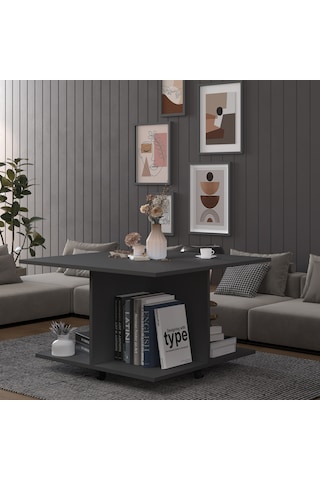 Asra Trend Kare Orta Sehpa OS002 %100 MDF Tekerlekli 4 Bölmeli Raf Takımı Antrasit