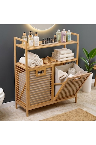 Çok Amaçlı Bambu Banyo Dolabı Düzenleyici Raf Ve Çift Bölmeli Kirli Çamaşır Sepeti