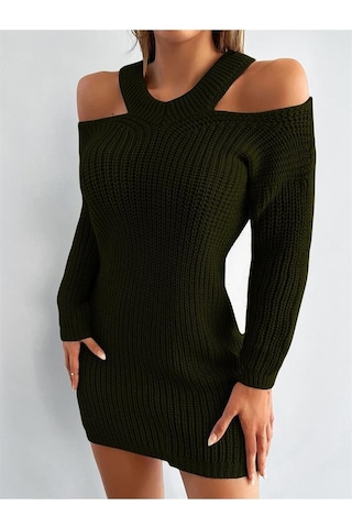 Aqe Fashion Kadın Omuzu Açık Uzun Kollu Midi Boy Tam Kalıp Haki Triko Elbise Haki