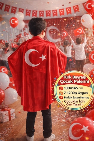 Türk Bayrağı Ay Yıldız Baskılı Saten Çocuk Pelerini 7-12 Yaş 100x145 Cm Okul Gösteri Kostümü