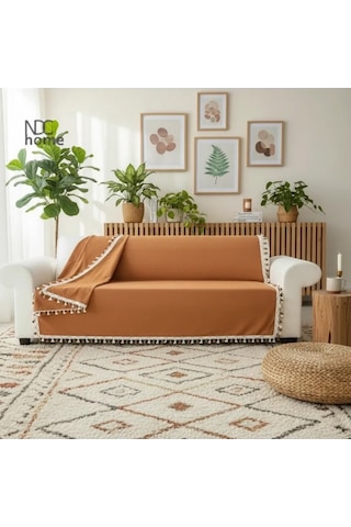 Premium Keten Tarçın Tarçın Ponponlu Koltuk Örtüsü 170 X 220 Tarçın