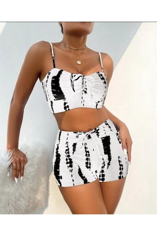 Kadın Büzgü Detay Askılı Crop Mini Tayt Ikili Takım Beyaz