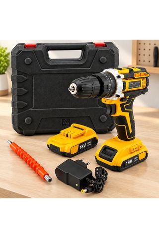 Şarjlı Matkap Seti 1850 Rpm 18w Çantalı Yedek Bataryalı Sarı