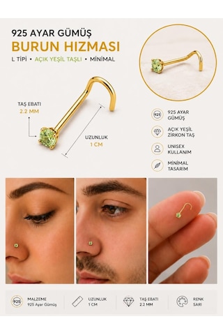925 Ayar Gümüş Yeşil Taşlı Sarı Renk Burun Hızması Piercing Minimal L Şekilli Unisex Nose Stud