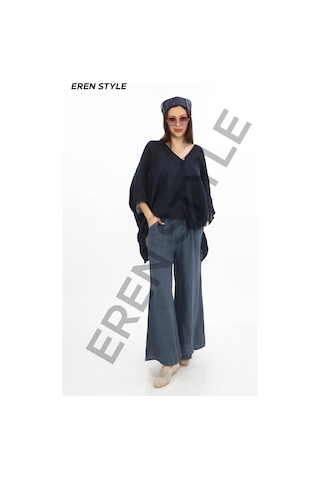 Eren Style Bohem Kuruvaze Tek Düğmeli Keten Bluz-9884 Lacivert