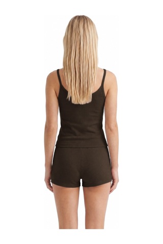Cottonill Premium - Neat Collection Kahverengi Rib Dokulu İnce Askılı Modal Viskon Şortlu Kadın Pijama Takımı