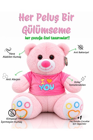 Ayıcık Elbiseli Ayıcık Yeni Seri Renkli 60cm - I Love You & Hediyelik Ayıcık Peluş Oyuncak Açık Pembe