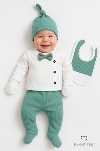 Babyden's Erkek Bebek Hastane Çıkışı 5'li Takım %100pamuk Ribana Kumaş Papyonlu Zıbın, Şapka,eldiven,önlük,alt Yeşil