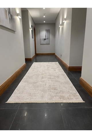 Kaymaz Tabanlı Saçaklı Yıkanabilir Leke Tutmaz Kesme Kabartmalı Salon Koridor Mutfak Halısı Vizon