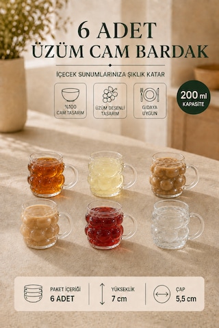 6 Adet Üzüm Desenli Borosilikat Cam Bardak Seti 200 Ml Kulplu Çay, Kahve, Soğuk Kahve Ve Meşrubat Bardağı Şeffaf