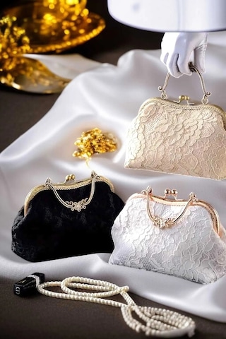 Famels Gold Kasa Dantel İşlemeli Siyah Şık Ve Kaliteli Kol Çantası , Kadın Omuz Çantası Abiye Çanta Sarı