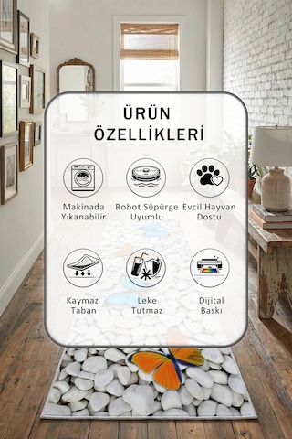 Taş Dekoratif Dijital Baskılı Kaymaz Yıkanabilir Yolluk Açık Gri