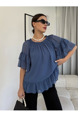 Lodmela Yaka Lastikli Şifon Bluz 6022-Indigo