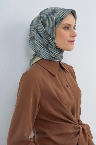 Armine Sura Saf İpek Eşarp 9533 - 84 Krem Turkuaz Çizgi Desen krem