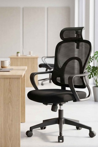 Çizgi Ergonomik Başlıklı Fileli Yönetici Ve Çalışma Koltuğu Siyah