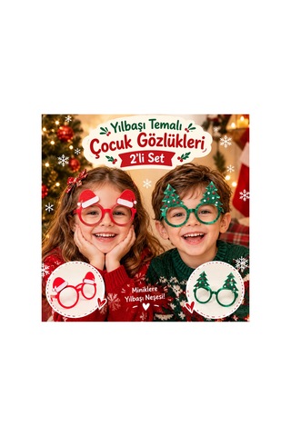 Yılbaşı Temalı Çocuk Gözlüğü 2 Li Set, Noel Baba Şapkası Ve Çam Ağacı Figürlü Parti Kostüm Aksesuarı