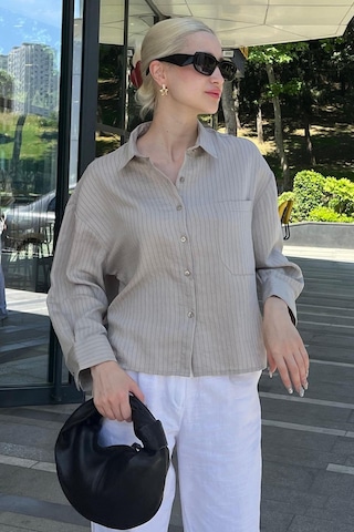 Madmext Gri Çizgili Oversize Kadın Gömlek Mg2093-gri Gri