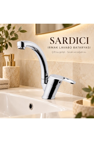 Sardıcı Irmak Krom Kısa Kuğu Lavabo Bataryası Çift Su Girişli 40 Cm Hortum Ve Montaj Takımı Dahil