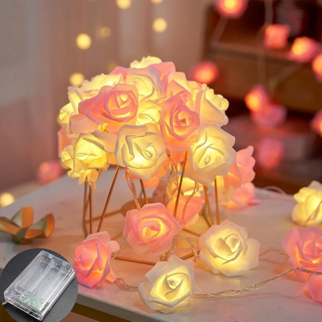 Yuntech01 3m 20 Led Gül Dekoratif Işık Zinciri - Plastik, Pembe+beyaz - Nikah, Sevgililer Günü, Partiler İçin Zevkli Aydınlatma Pembe Beyaz