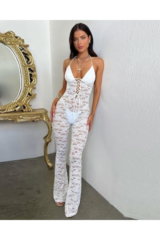 Lace Jumpsuit With Skinny Flared Legs White Beyaz