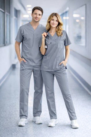 Likralı Hemşire Doktor Forması Premium Belinda Soft Kumaş Scrubs Hastane Üniforması Cerrahi Takım Gri