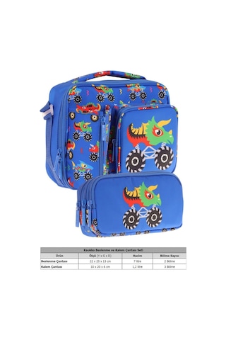 Kaukko Kids Erkek Çocuk Mavi Yeşil Canavar Üç Bölmeli Thermo Beslenme Çantası Ve Kalemlik Seti L7255+l8255 Mavi - Yeşil