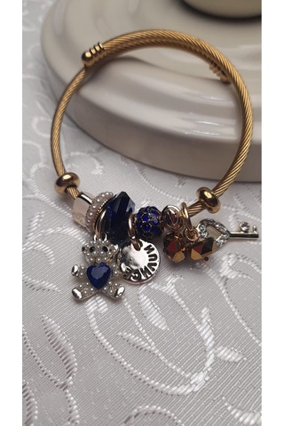 Uzel Çelik Sarı Gold Model Anahtarlı Ayıcık Charmlı Çelik Bileklik Mavi