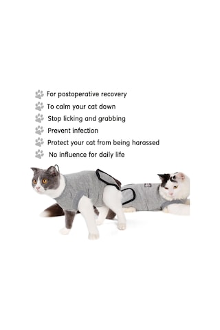 Geeksen Kedi Ameliyat Sonrası İyileşme Takımı, Pamuklu, Yara Koruması, Yalama Ve Tırmalamayı Engeller, Gri, S Beden
